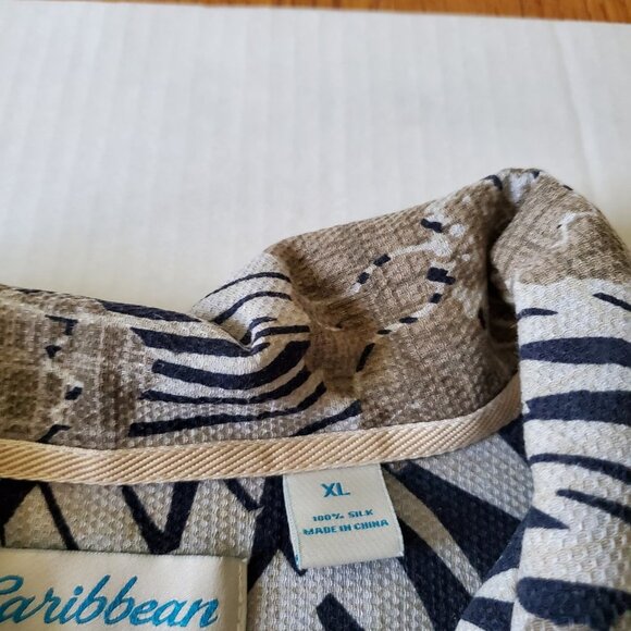 Caribbean Pure Silk Hawaiian Coastal Navy and Tan Wood Button Up Shirt XL - Picture 11 of 15